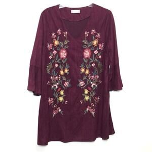 Altar'd State Bell Sleeve Floral Embroidered Flower Red Tunic Mini Dress